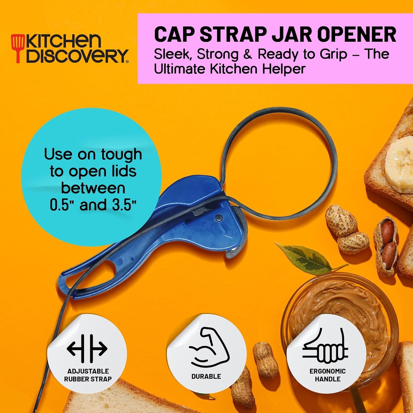 Cap Strap Jar Opener – Kitchen Discovery – Adjustable Bottle and Jar Opener for Seniors and Those with Weak Hands – Gripper Strap Loosens Lids without Straining Hands