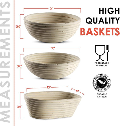 Swice Bread Proofing Basket, Round 9-Inch Banneton Sourdough Starter Kit with Lame, Dough Scraper, Linen Liner, and Basting Brush, Complete Bread Making Supplies and Tools