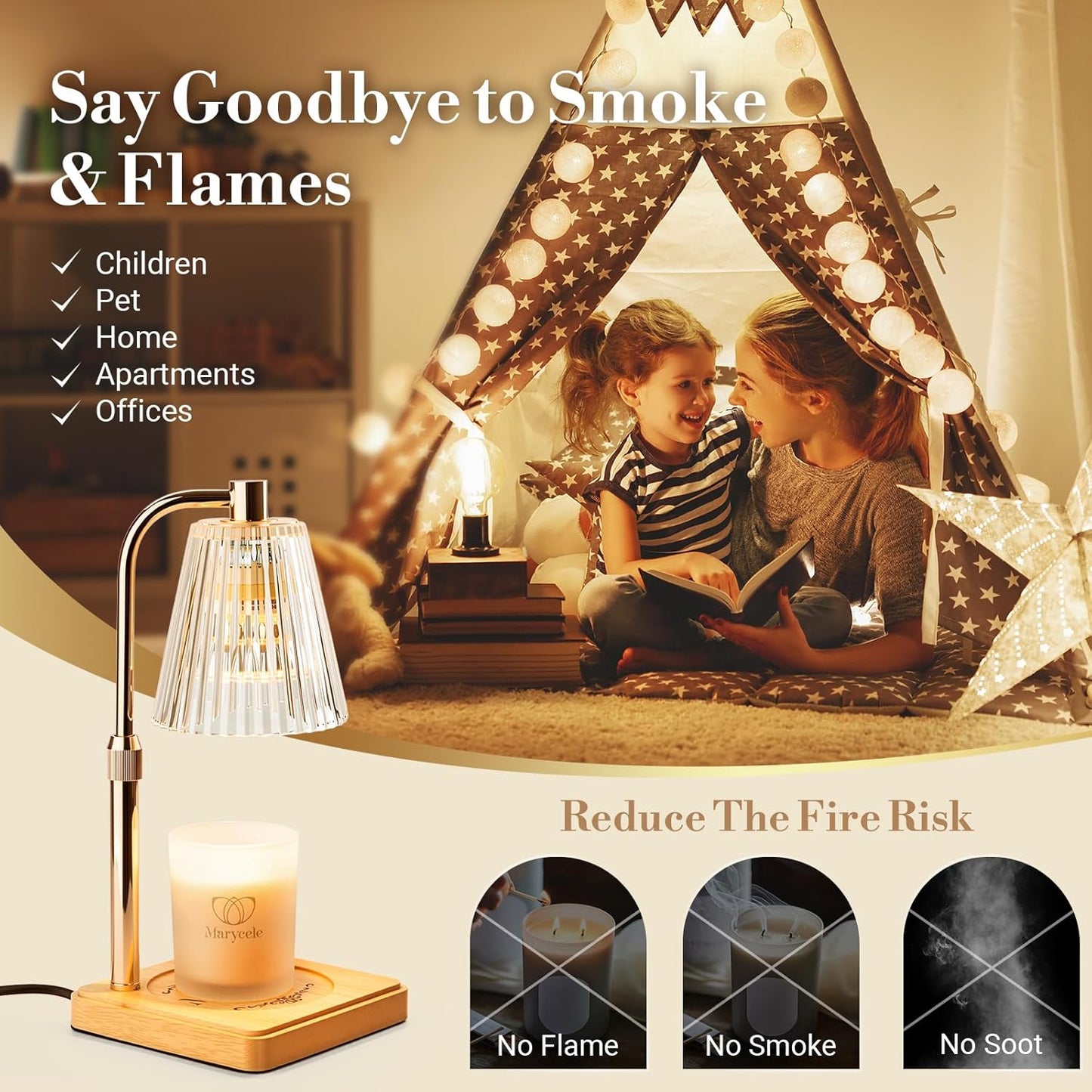 Marycele Candle Warmer Lamp with Timer & Dimmer - Mothers Day Gifts for Women Mom Her, Aesthetic Office Home Decor, Adjustable Height Wax Melter for Candle Jar & 3-Wick Candles (2 Bulbs Included)
