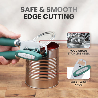 Zulay Kitchen Heavy Duty Stainless Steel Can Opener Manual with Bottle Opener - Rust Proof Manual Can Opener With Turn Knob & Comfy Soft Grip Handles - Black
