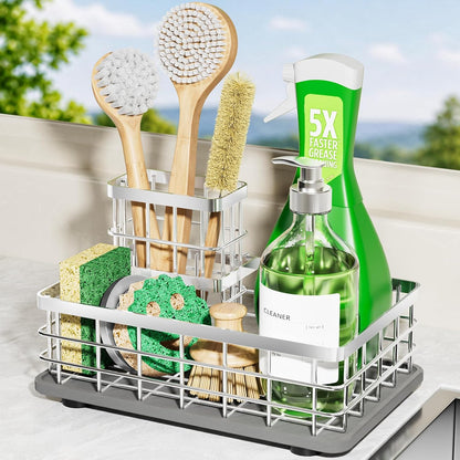Extra Large Kitchen Sink Caddy Organizer, Stainless Steel Sponge Holder for Kitchen Sink with Brush Holder, Diatomite Stone Sink Tray for Soap Dispenser, Sponge, Bathroom Countertop Organizer, Black
