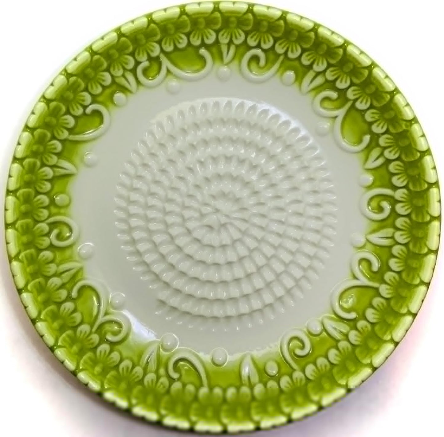 BonCera, All-in-one Premium Ceramic Garlic Grater Plate 4-Piece Set - Green Embossed Design and Style - For Garlic, Ginger, Chocolate, and more! - Comes with 5.25" Plate, Peeler, Brush, and Stand
