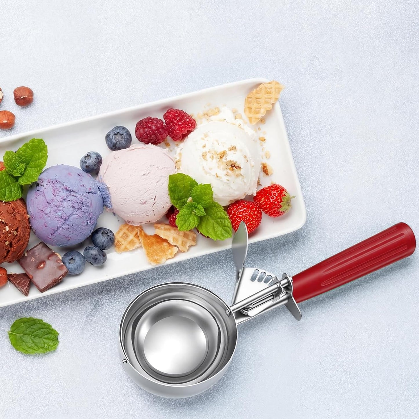 1 Pcs 8 Ounce Portion Scoops Ice Cream Scooper with Trigger Stainless Steel Portion Control Scoop for Restaurant, Baking Food, Cookie Dough, Cupcake Batter (Red)