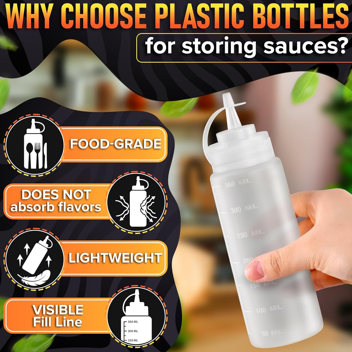 Set of 3 Inverted Condiment Squeeze Bottles 16 oz – Upgraded Design with Added Sealing Gaskets, Self-Closing Valve, Easy-to-Fill Clear Bottles for Sauces, Dressings, Ketchup, Mustard for Everyday Use