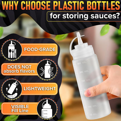 Set of 6 Inverted Condiment Squeeze Bottles 16 oz – Upgraded Design with Added Sealing Gaskets, Self-Closing Valve, Easy-to-Fill Clear Bottles for Sauces, Dressings, Ketchup, Mustard for Everyday Use