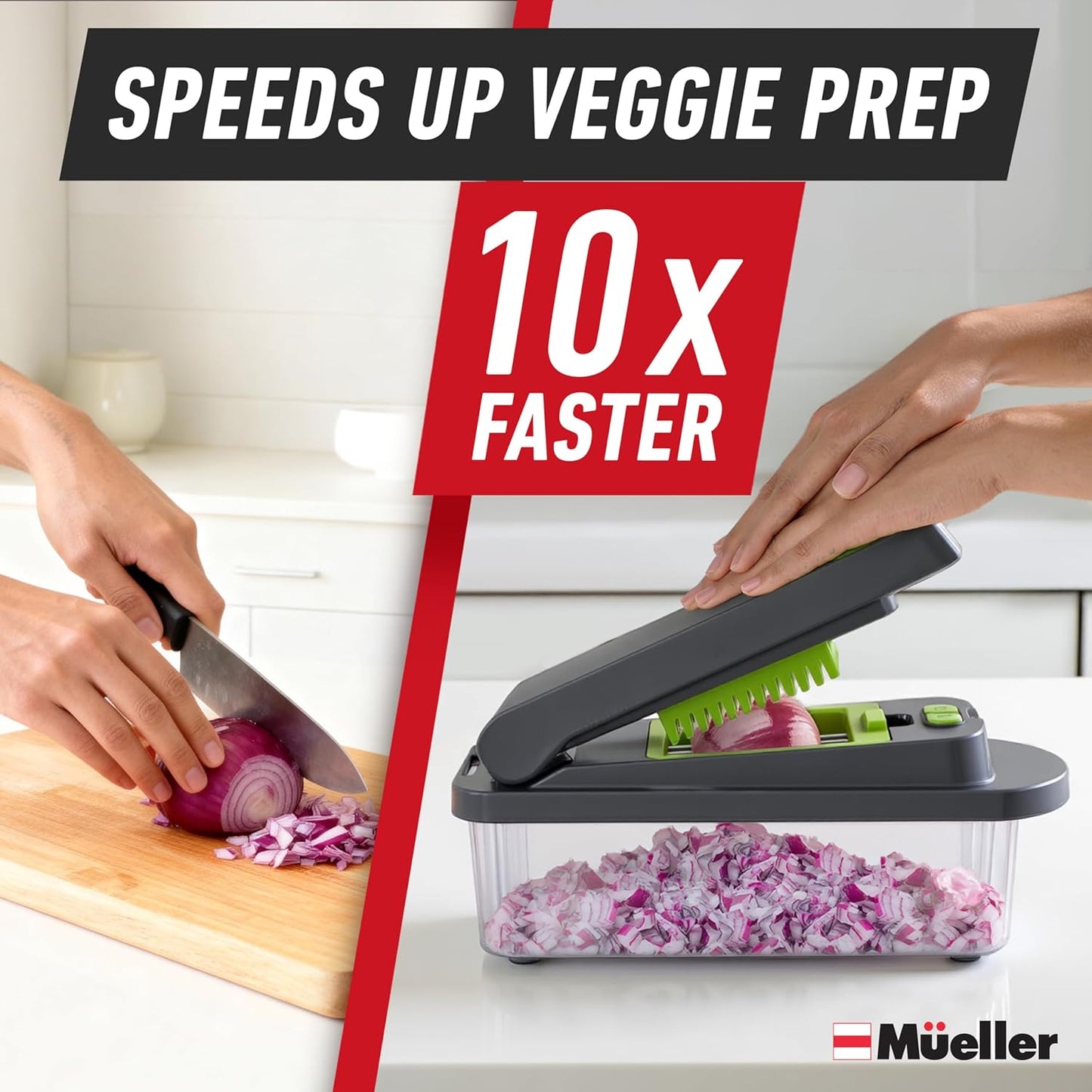 Mueller Pro-Series 10-in-1, 8 Blade Vegetable Chopper, Onion Mincer, Cutter, Dicer, Egg Slicer with Container, French Fry Cutter Potato Slicer, Home Essentials, Salad Chopper White Sand/Green