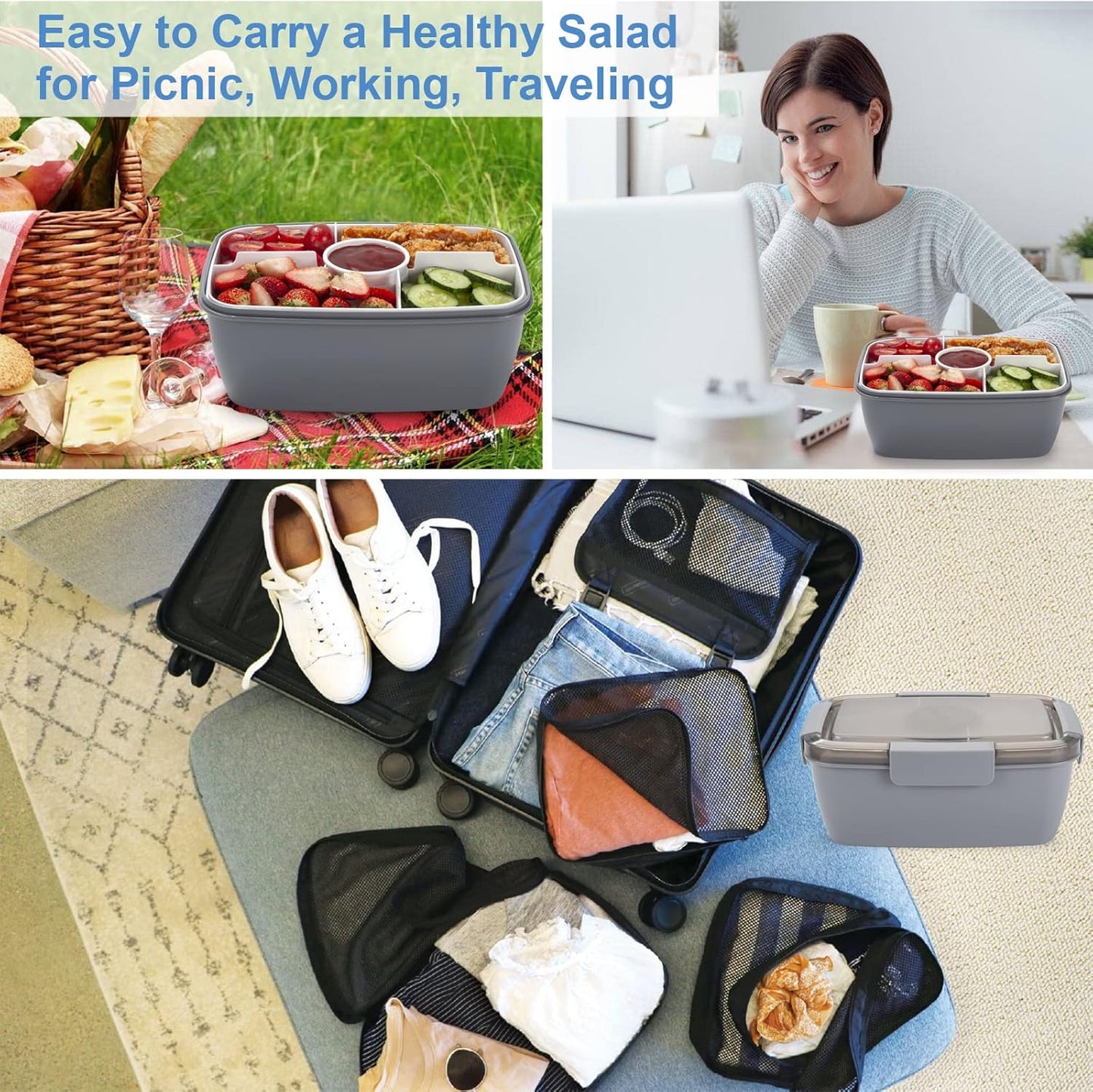Freshmage Salad Lunch Container To Go, 52-oz Salad Bowls with 3 Compartments, Salad Dressings Container for Salad Toppings, Snacks, Men, Women (Blue)
