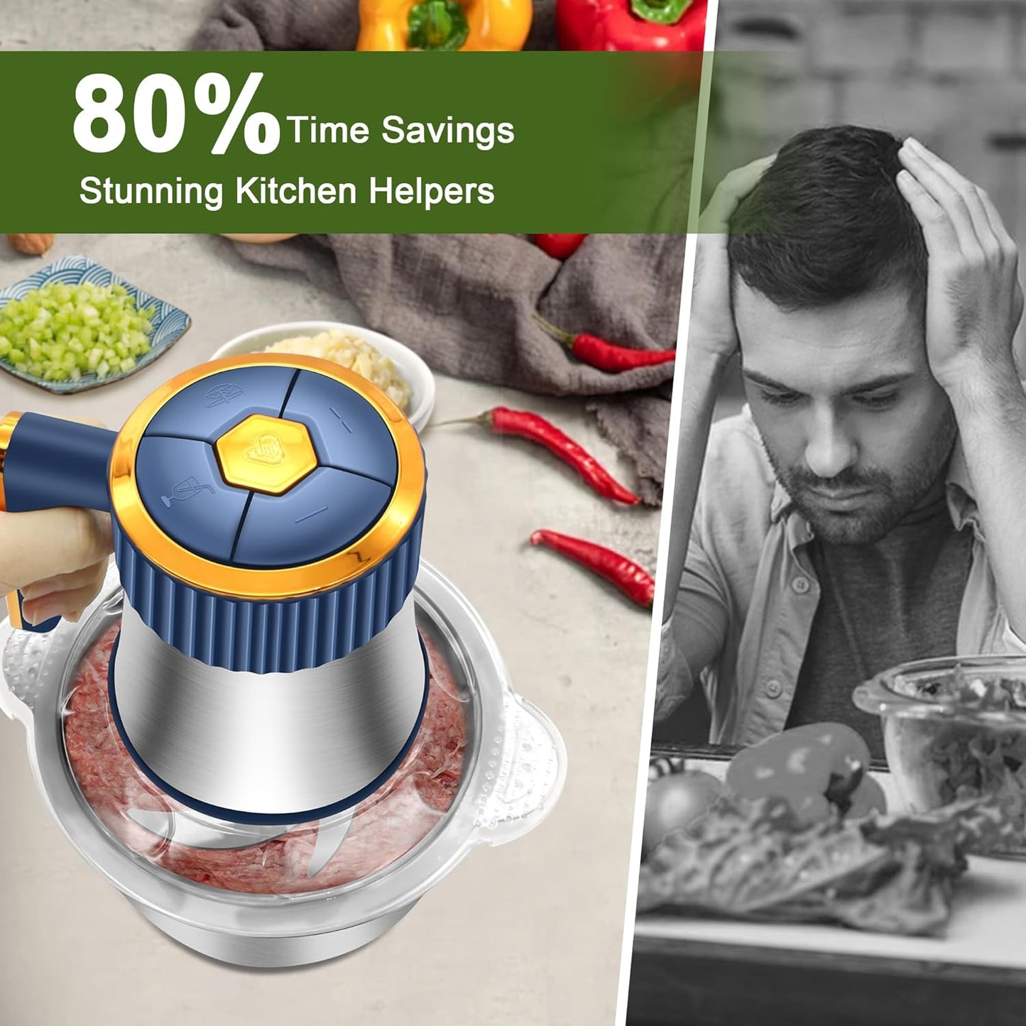 Food Processor, 5-Speed Electric Food Chopper, Meat Grinder with 2 Bowls (8 Cup+8 Cup) & 2 Sets of Blades, Meat Processor for Meat, Vegetables, Fruits and Nuts (Green)