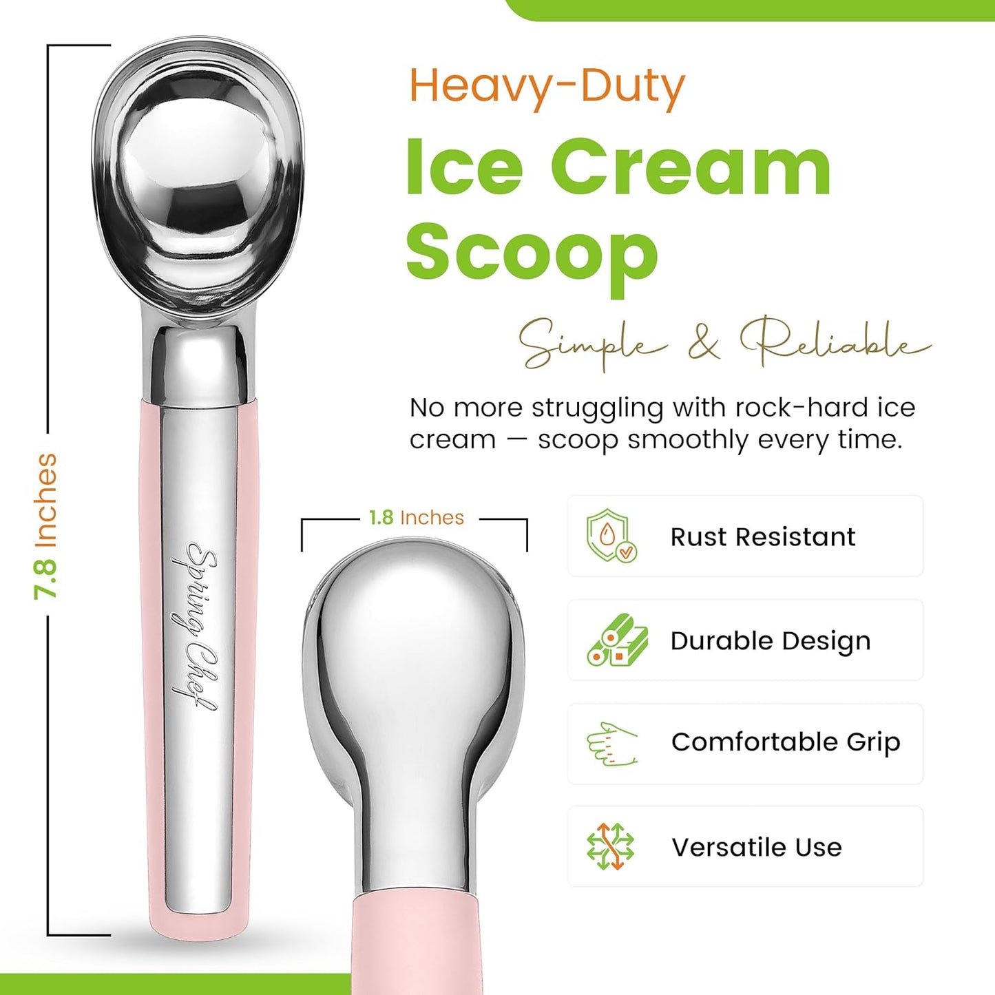 Spring Chef Heavy Duty Metal Ice Cream Scoop - Dishwasher Safe Ice Cream Scooper, Commercial Icecream Scoop Spade, Professional Kitchen Tool for Gelato, Melon, Sundae, Cookie Spoon - Black