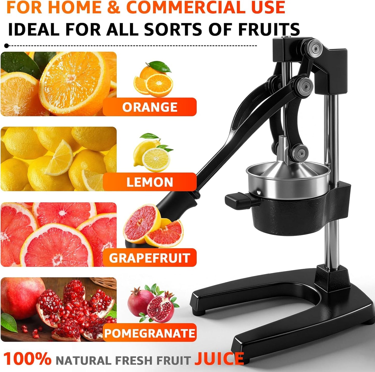 Manual Fruit Juicer Hand Press - Effortless Cast Iron Citrus Squeezer for Home - 304 Stainless Steel, Dishwasher Safe - Extract Fresh Juice from Pomegranate, Orange, Lemon - Non-Slip Base