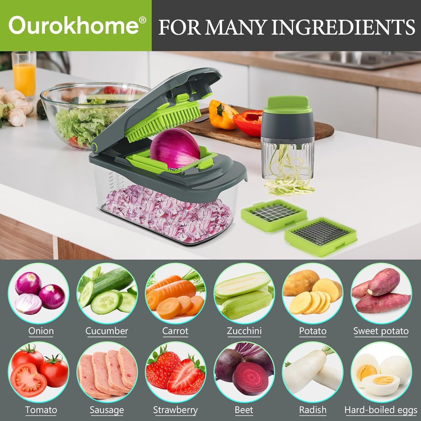 Ourokhome Veggie Chopper and Dicer with Container, Manual Hand Food Mandolin Slicer with 4 in 1 Handheld Vegetable Spiralizer for Zucchini, Potato, Onion, Essential Kitchen Gadgets (12 in 1, Gray)