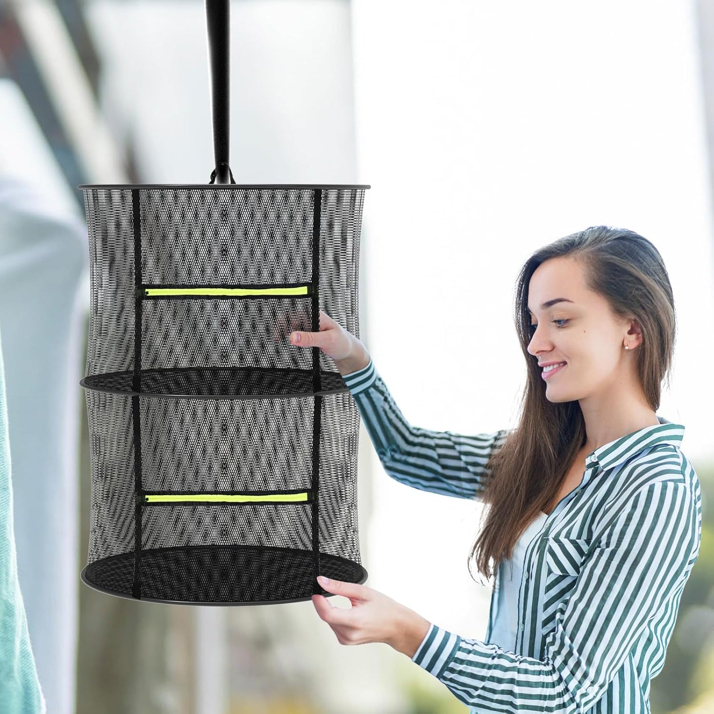 MEKOLIFE Herb Drying Rack Hanging-8 Layer, Collapsible Large Capacity Mesh Net with Green Zipper, Hooks & Bonus Garden Scissors, for Fresh Herbs/Flowers/Plants, Indoor Outdoor Use (23.62")