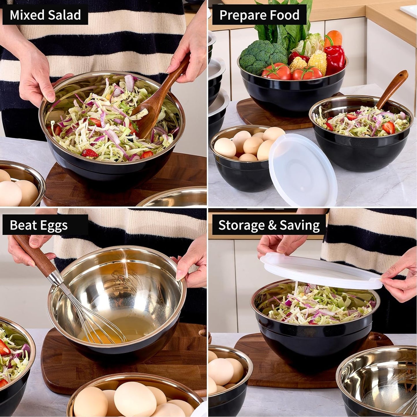 Red Mixing Bowls with Lids Set of 7, Stainless Steel Nesting Bowl with Khaki Lid for Non-slip Mixing Prepping Storing Serving, 7 Sizes-7/3.6/2.7/2.1/1.5/1/0.8 QT