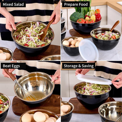 Red Mixing Bowls with Lids Set of 7, Stainless Steel Nesting Bowl with Khaki Lid for Non-slip Mixing Prepping Storing Serving, 7 Sizes-7/3.6/2.7/2.1/1.5/1/0.8 QT