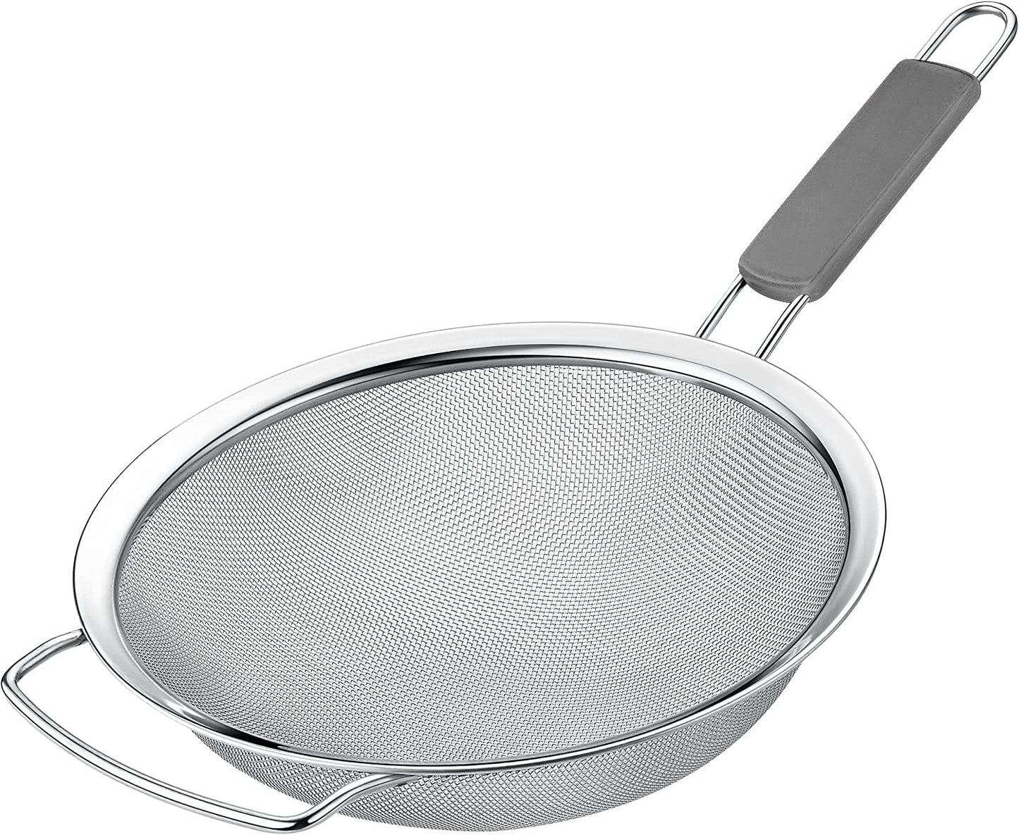 8" Large Fine Mesh Strainer with thermo plastic rubber handle - Sieve Fine Mesh Stainless Steel - Ideal to Strain Pasta, Quinoa and Rice.