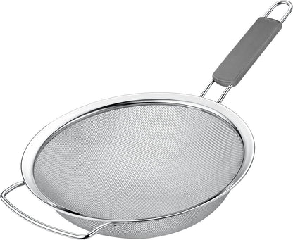 8" Large Fine Mesh Strainer with thermo plastic rubber handle - Sieve Fine Mesh Stainless Steel - Ideal to Strain Pasta, Quinoa and Rice.