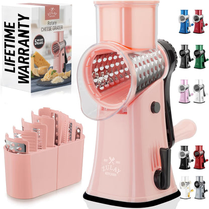 Zulay Kitchen Rotary Cheese Grater 5 Blade Cheese Shredder - Manual Hand Crank Cheese Grater With Reinforced Suction & 5 Interchangeable Drums - Easy to Use, Vegetable Chopper Round Mandoline Slicer - Colors B