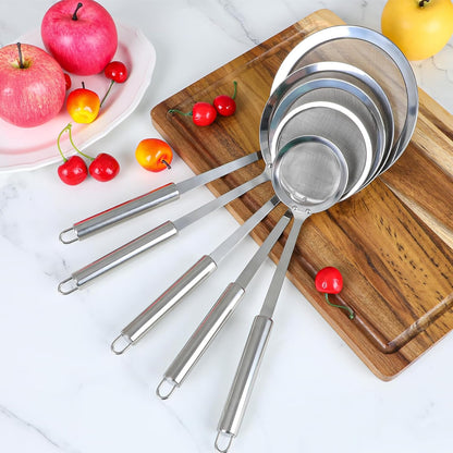 5 Pack Fine Mesh Skimmer Spoon Slotted Spoon Stainless Steel Hot Pot Fat Strainer Metal Food Strainer for Separation of the Floating Foam, Fat, Grease, Kitchen Cooking Mesh Food Strainers