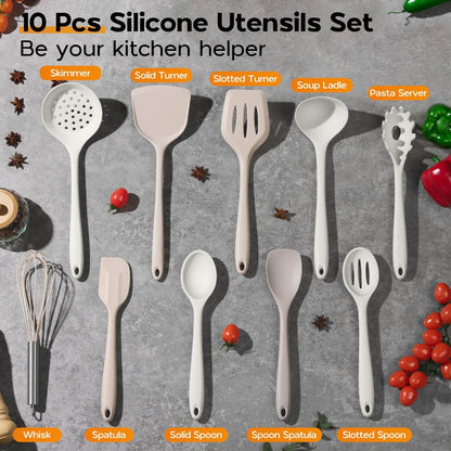 Onader Silicone Cooking Utensils Set of 10, Kitchen Utensils for Nonstick Cookware, Heat Resistant & Nontoxic Spatula Set- Khaki