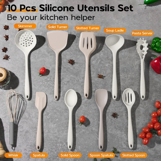 Onader Silicone Cooking Utensils Set of 10, Kitchen Utensils for Nonstick Cookware, Heat Resistant & Nontoxic Spatula Set- Khaki
