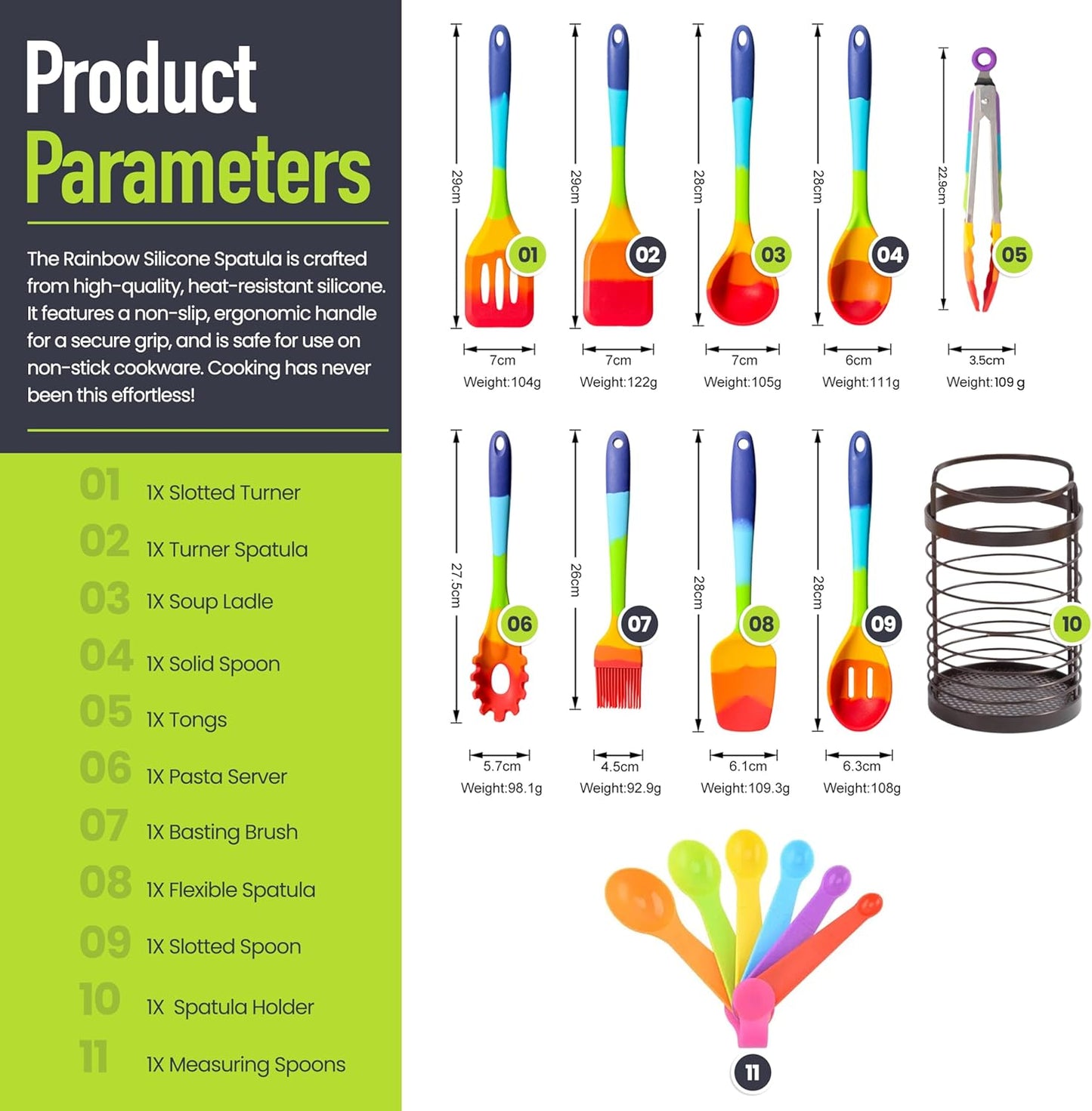 9-Piece Rainbow Silicone Spatula Set with Tongs – Multicolor Heat-Resistant Cooking Utensils for Nonstick Cookware – Flexible Turner, Spoon, Spatula, Brush, FDA Safe