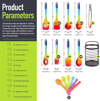 9-Piece Rainbow Silicone Spatula Set with Tongs – Multicolor Heat-Resistant Cooking Utensils for Nonstick Cookware – Flexible Turner, Spoon, Spatula, Brush, FDA Safe