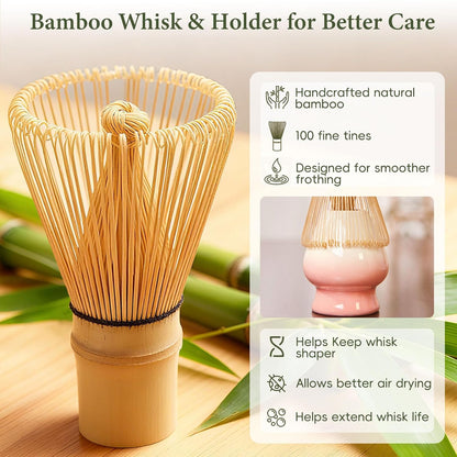 Matcha Whisk Set, Ceramic Matcha Set Includes Bowl & Holder, Bamboo Whisk (Chasen), Scoop, Spoon and Sifter, 6PCS Matcha Kit Covers Everything Needed for Making Matcha (Green)
