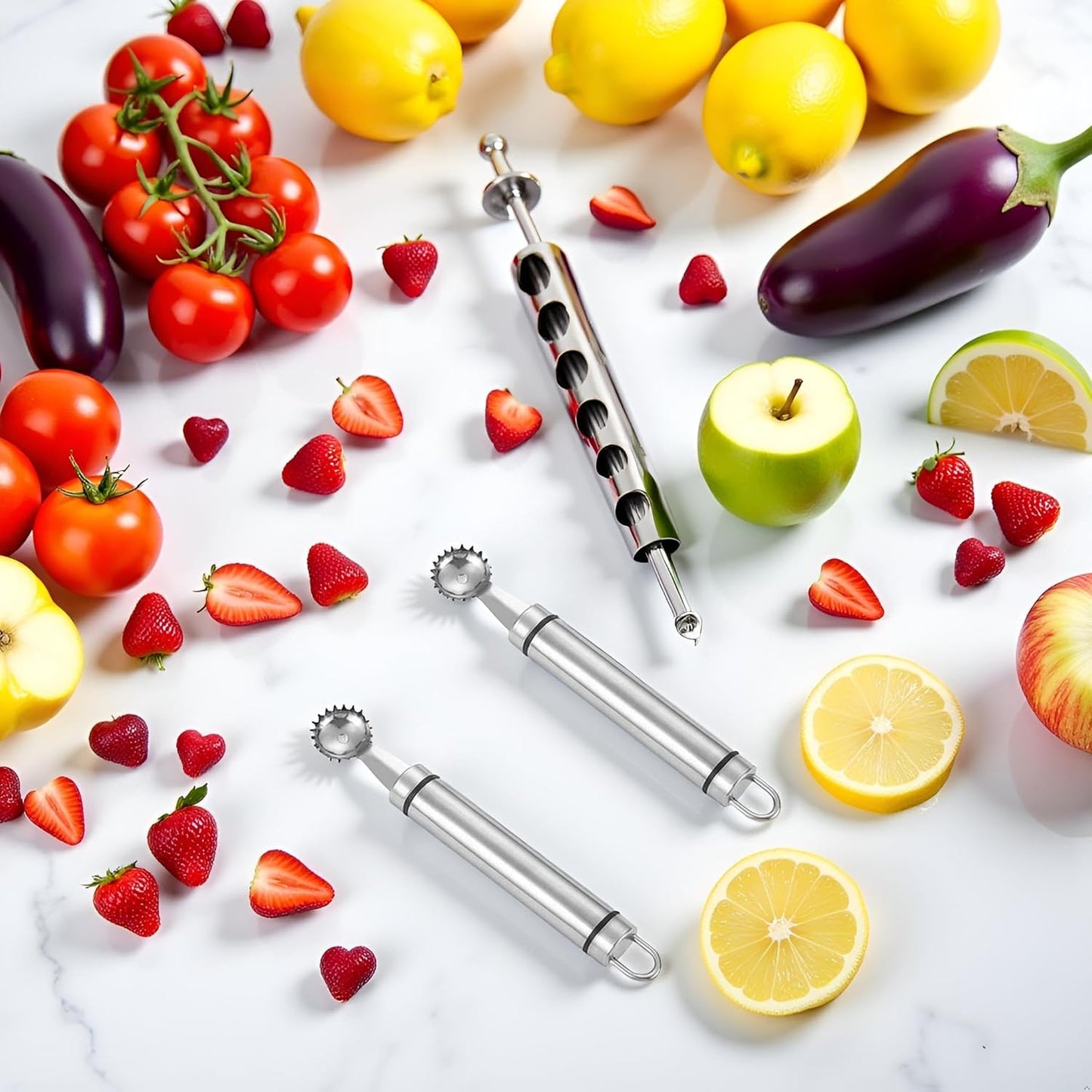2Pcs Silver Stainless Steel Strawberry Huller Multi-Function Stainless Corer and Pitter Remover for Strawberry, Vegetable and Fruit Corer Practical Kitchen Tool, Tomato Stem Corers Tool Tomato