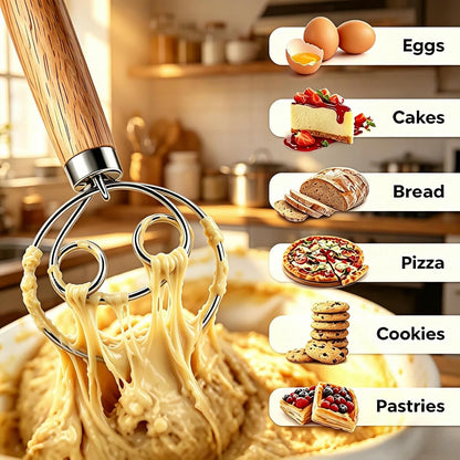 Maxjoy Danish Dough Whisk Wooden Dutch Bread Mixer with Stainless Steel Hook for Sourdough Baking Hand Tool