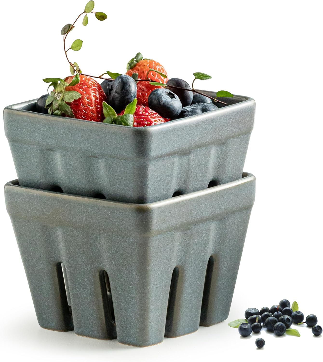 Gomakren Ceramic Berry Basket Set of 2, Round Fruit Bowl with Holes, Fruit Storage Containers for Fridge, Small Fruit Basket for Kitchen Counter, Berries, Strawberry, Mothers Day Gifts, White