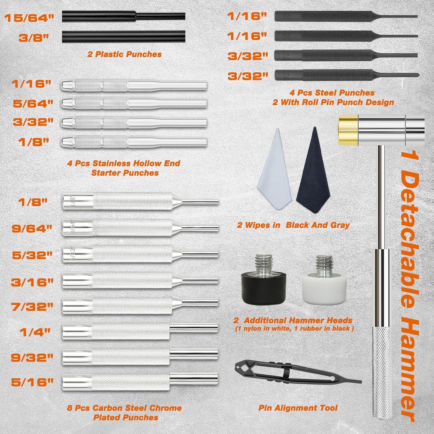 BESTNULE Punch Set, Pin Punches, Punch Tool, Roll Pin Punch Set, Made of High Quality Metal Material Including Punches and Hammer, Mechanical Repair Tool, with Organizer Storage Box (with Bench Block)