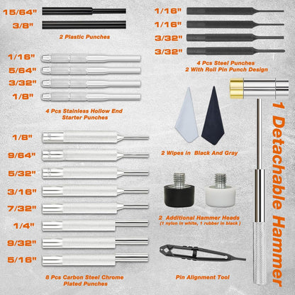 BESTNULE Punch Set, Pin Punches, Punch Tool, Roll Pin Punch Set, Made of High Quality Metal Material Including Punches and Hammer, Mechanical Repair Tool, with Organizer Storage Box (with Bench Block)