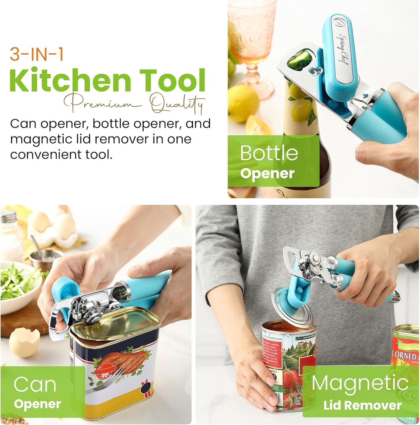 Spring Chef Stainless Steel Can Opener - Manual with Soft Grip Handles, Easy Turn, Heavy Duty Hand Can Openers for Seniors with Smooth Edge - Magnetic Lid Remover - Black
