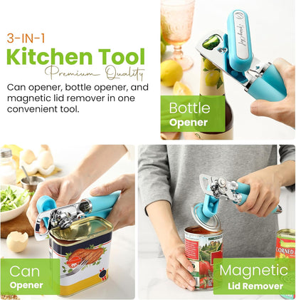 Spring Chef Stainless Steel Can Opener - Manual with Soft Grip Handles, Easy Turn, Heavy Duty Hand Can Openers for Seniors with Smooth Edge - Magnetic Lid Remover - Black