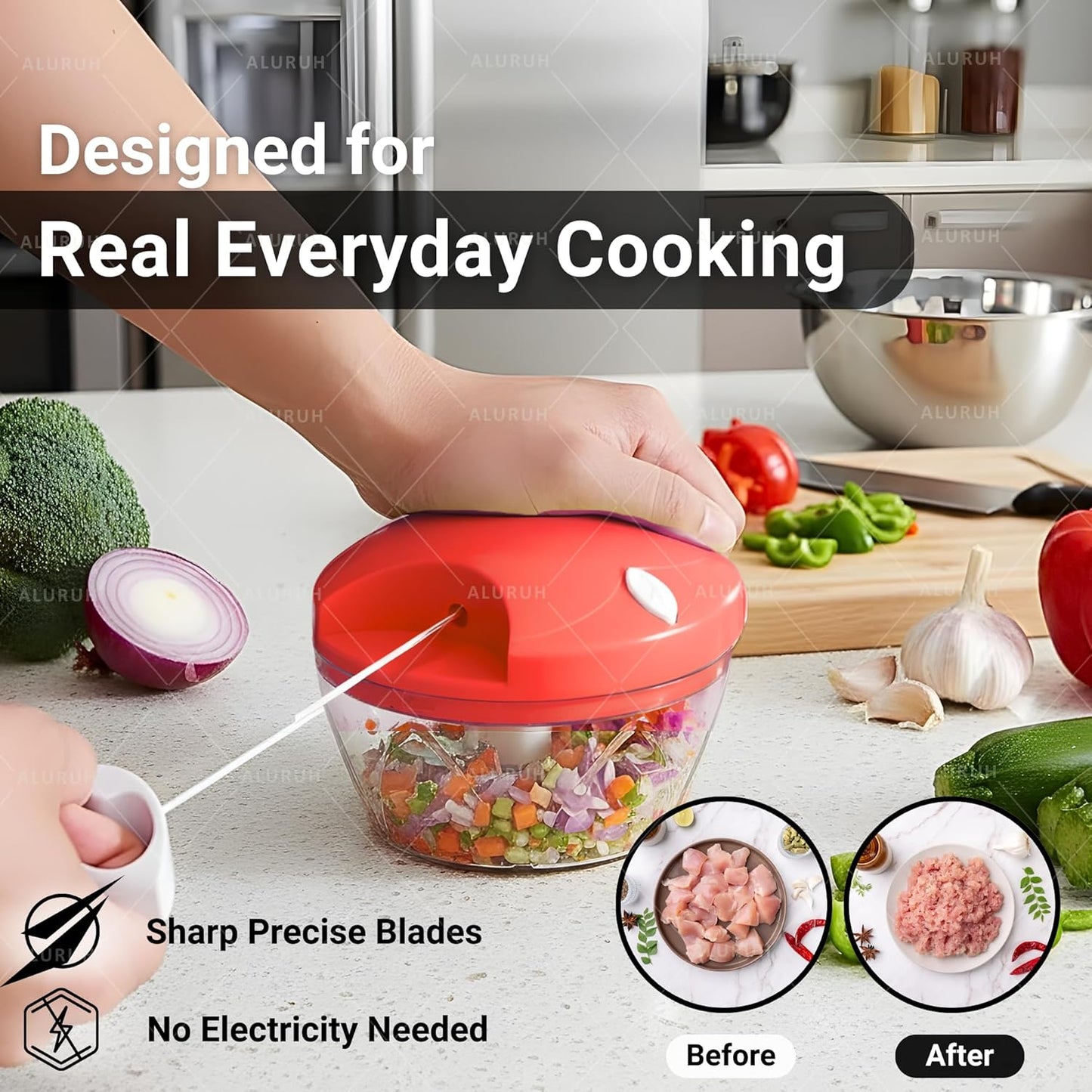 Manual Food Chopper with Hand Pull Rope Design, Stainless Steel Blade (GREEN)
