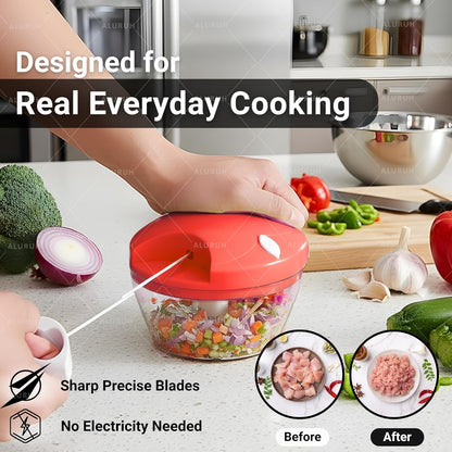 Manual Food Chopper with Hand Pull Rope Design, Stainless Steel Blade (GREEN)