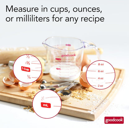 GoodCook Everyday 4-Cup Liquid Measuring Cup, Clear Plastic with Easy-to-Read Markings, Tapered Pour Spout, Comfortable Handle, Measures in Cups, Ounces, Pints, and Milliliters