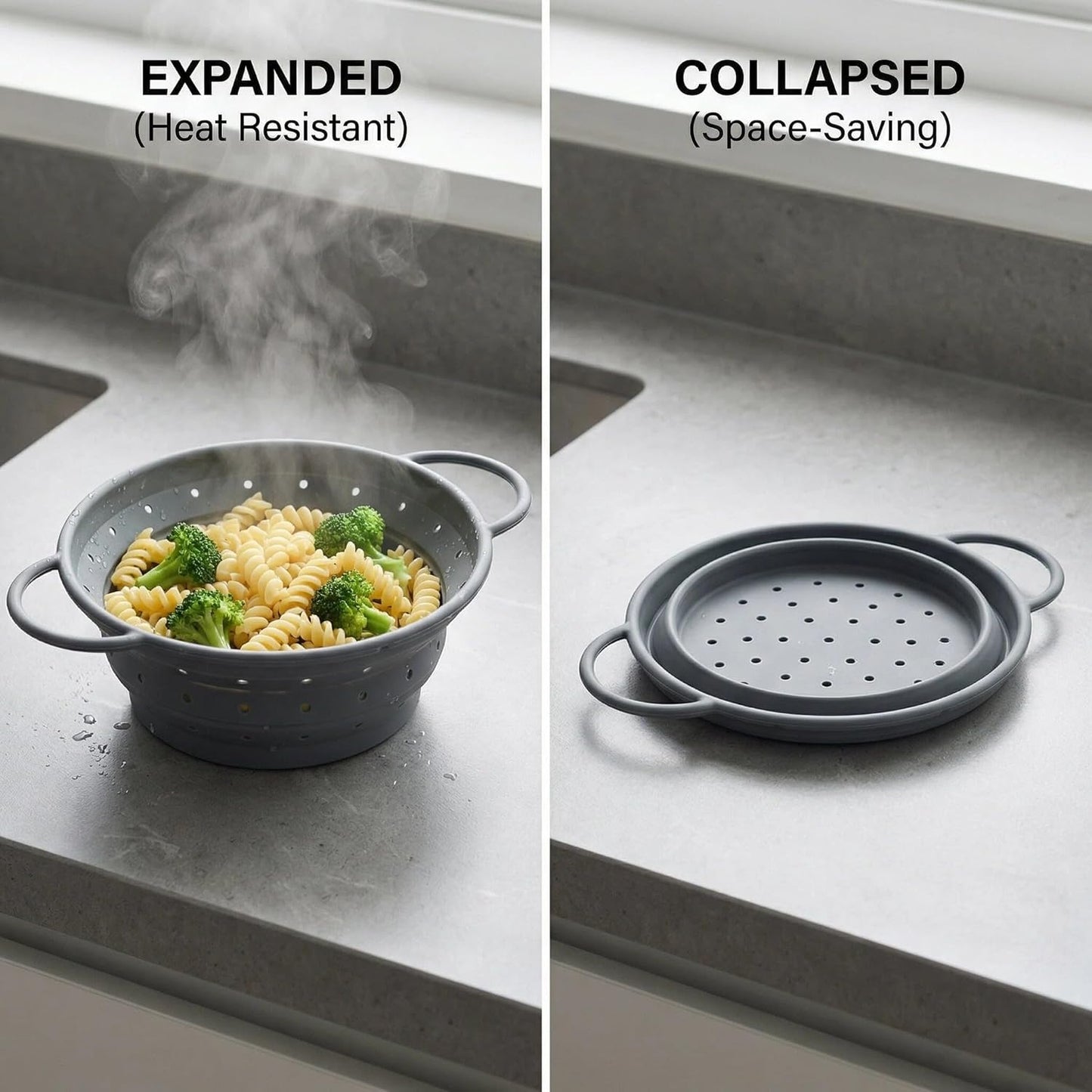 Collapsible Silicone Colander with Handles, Round Strainer with Stainless Steel Rim, Space Saving Kitchen Tool for Fruits & Vegetables,BPA-Free,Heat-Resistant Pasta Drainer(White, L)