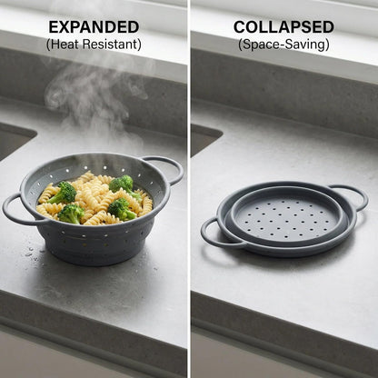 Collapsible Silicone Colander with Handles, Round Strainer with Stainless Steel Rim, Space Saving Kitchen Tool for Fruits & Vegetables,BPA-Free,Heat-Resistant Pasta Drainer(White, L)