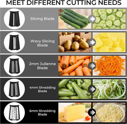 SUSTEAS Rotary Cheese Grater with Handle - Vegetable Shredder with 5 Well-designed Blades & Strong Suction Base,Round Mandoline Slicer & Food Chopper for Kitchen,with Blade Storage Box(Beige)