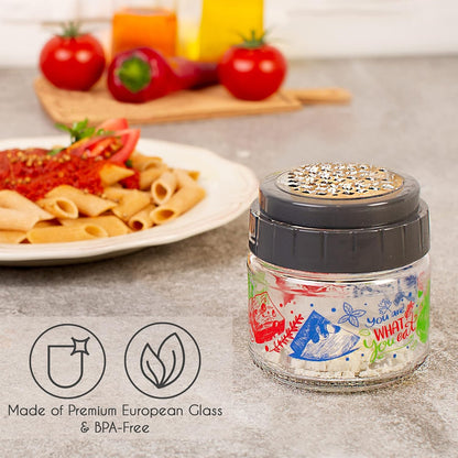 CRYSTALIA Cheese Grater with Glass Storage Container, Stainless Steel Food Shredder Box for Parmesan, Ginger, Garlic, Vegetable, Nutmeg, Small Fine Grinder with Lead-Free Glass Jar for Kitchen (Green)