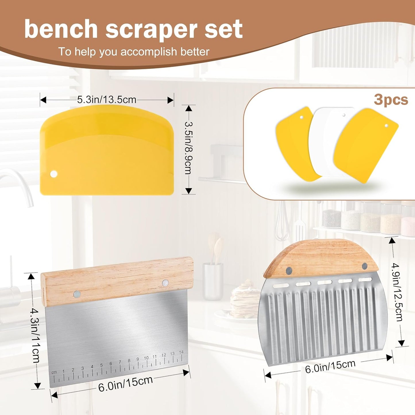 5 Pcs Bench Scraper, Bench Scraper Kitchen 2 Pcs Stainless Steel Dough Scraper with Wood Handle and 3 Pcs PP Food Scraper with Hanging Hole, Multipurpose Bread Dough Cutter for Baking-Green
