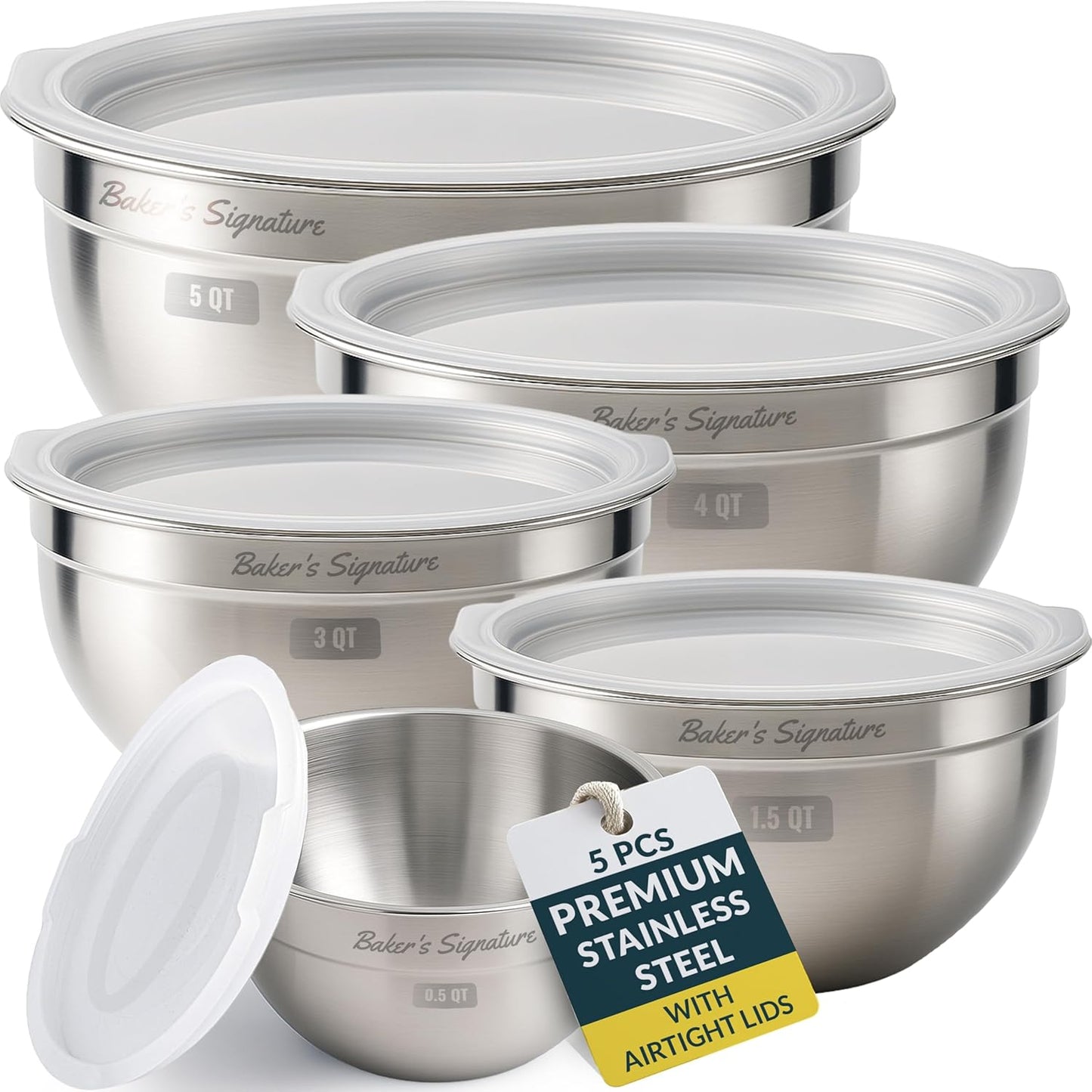 Baker's Signature Stainless Steel Mixing Bowls With Lid, Metal Mixing Bowl Set Of 3, Nesting Set For Food Prep, Baking,Storage, Cooking, Serving | Dishwasher Safe, Silver, 1.5/3/5 Qt