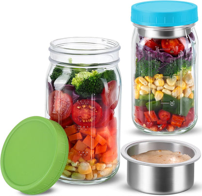 KTKUDY 4 Pack 32 oz Glass Salad Jars with Dressing Cups (Pod) - Meal Prep Salad Container for Lunch - Leakproof Mason Jars with Lids