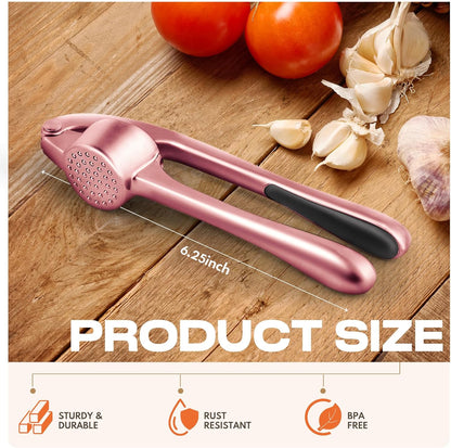 Kitchen Garlic Press, Rust Proof & Dishwasher Safe Garlic Mincer, Durable Garlic Crusher Set with Peeler＆Brush, Easy to Clean and Squeeze, Matte