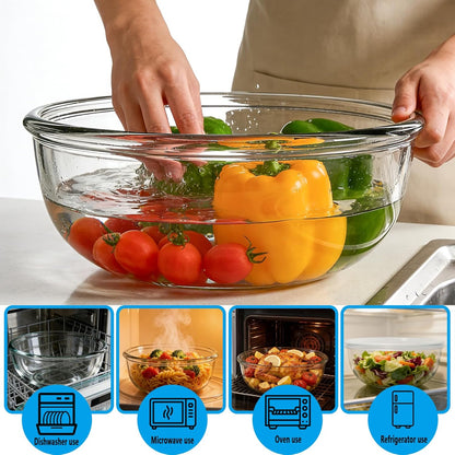 Large Glass Mixing Bowl with Lid, Clear Glass Salad Cooking Bowls for Sourdough, Salad and Storage Prepping and Baking Food Storage Set
