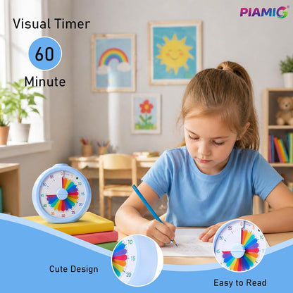 Visual Timer, 60-Minute Countdown Timer for Kids and Adults with Adjustable Volume, Rainbow Design Time Management Tools with Silent Operation, Suitable for Classroom, Office and Home (Blue)