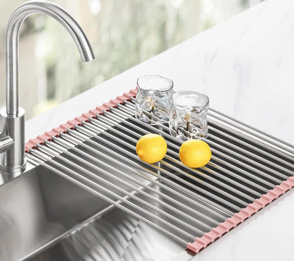 Tomorotec 17.7" x 15.5" Roll Up Dish Drying Rack Over Sink Drying Rack Sink Cover Kitchen Sink Accessories Gadget Multipurpose Organizer Foldable Stainless Steel Drainer
