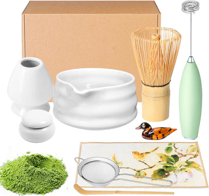 Matcha Whisk Set and Bowl, Matcha Making Kit Whisk, Bowl With Spout, Powder Starter Sifter, Ceramic Whisk Holder, Spoon Japanese Tea Tools For Ceremony Gift (White, 9 Pack)