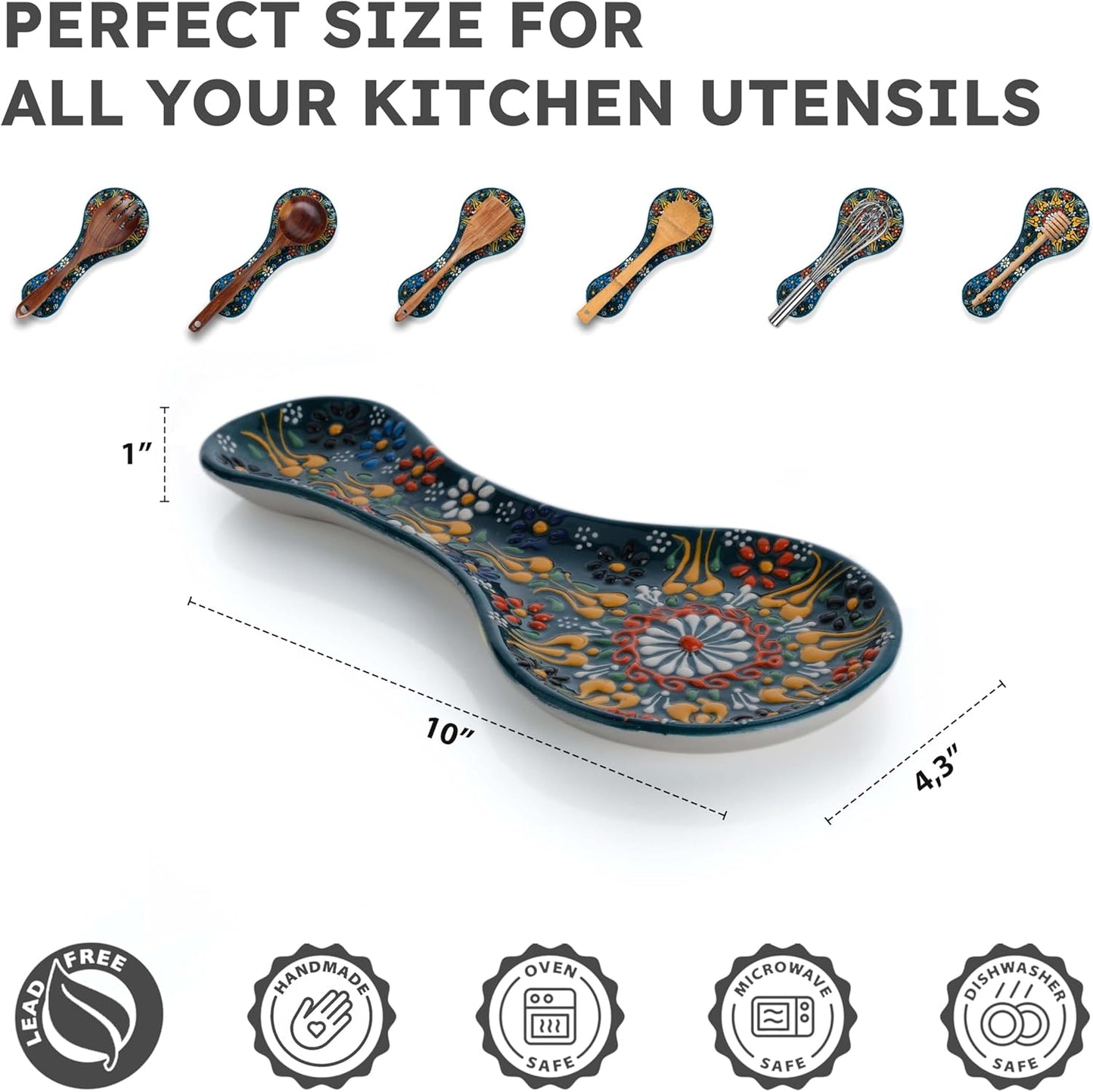 Handmade Spoon Rest, Ceramic Spoon Rest for Stove Top, 10" Spoon Rest for Kitchen Counter, Dishwasher Safe Spoon Holder for Stove, Housewarming Gifts Utensil Rest, Colorful Spoon Rests (Black)